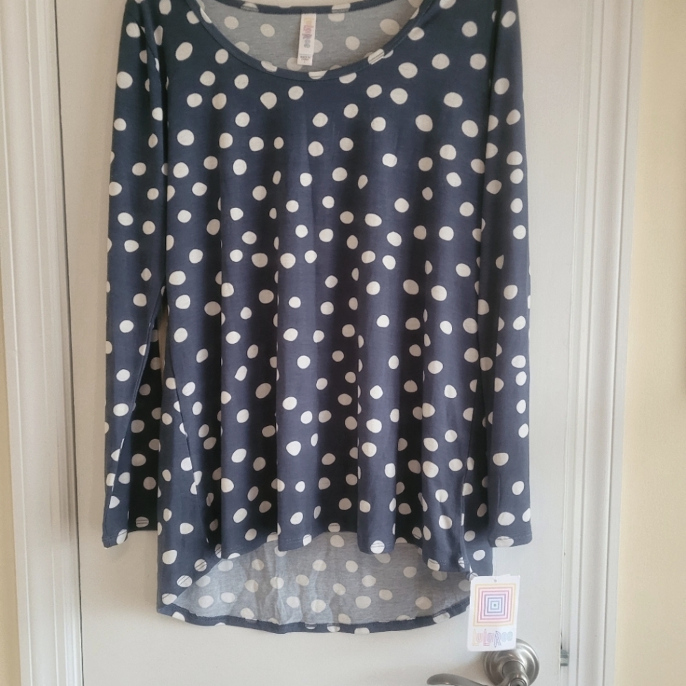 Luluroe Longsleeve Top Blue and Whilte PolkaDot -Sz Large